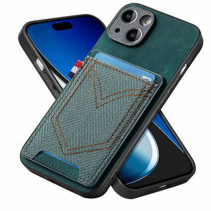 ELECTROPRIME For iPhone 15 Denim Texture Leather Skin Phone Case with Card Slot(Green)