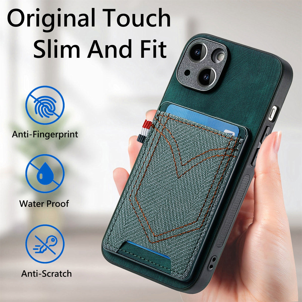 ELECTROPRIME For iPhone 15 Denim Texture Leather Skin Phone Case with Card Slot(Green)