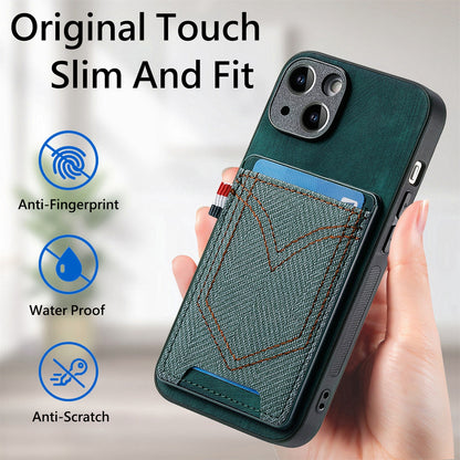 ELECTROPRIME For iPhone 15 Denim Texture Leather Skin Phone Case with Card Slot(Green)