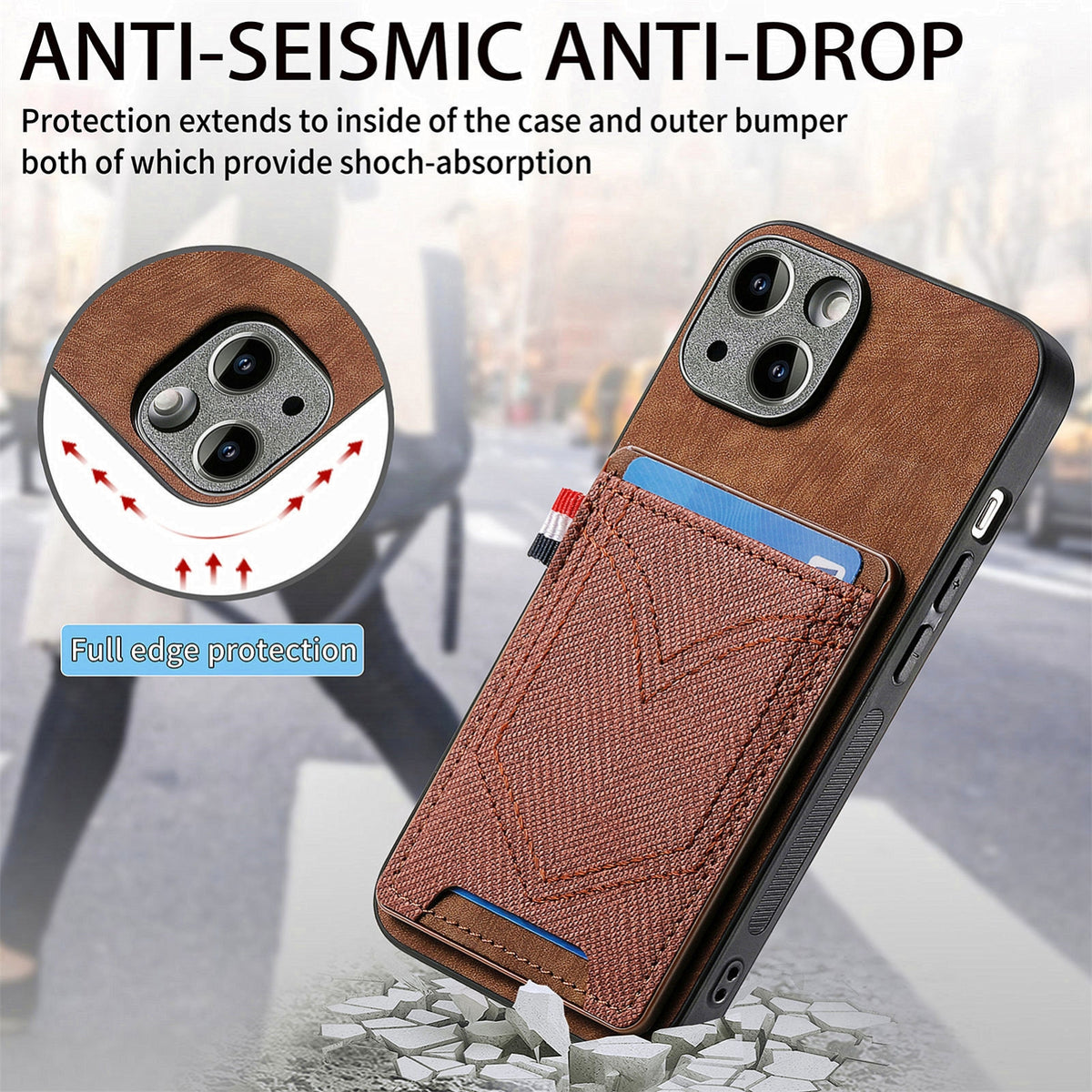 ELECTROPRIME For iPhone 15 Plus Denim Texture Leather Skin Phone Case with Card Slot(Brown)
