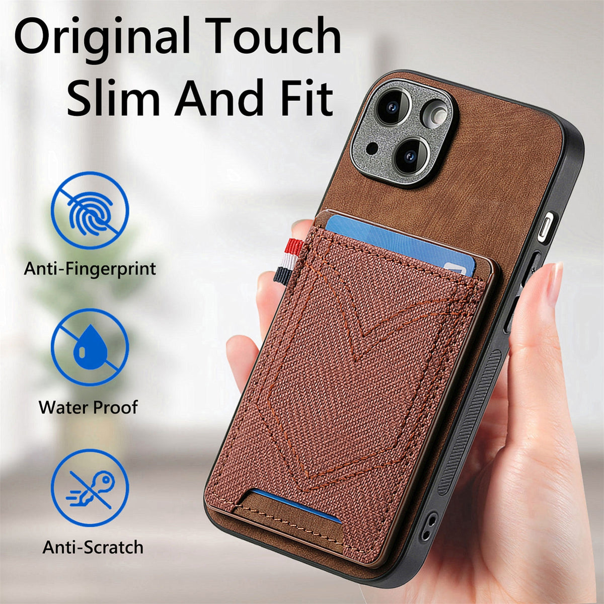 ELECTROPRIME For iPhone 15 Plus Denim Texture Leather Skin Phone Case with Card Slot(Brown)