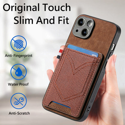 ELECTROPRIME For iPhone 15 Plus Denim Texture Leather Skin Phone Case with Card Slot(Brown)