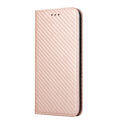 ELECTROPRIME For iPhone 15 Plus Carbon Fiber Texture Flip Holder Leather Phone Case(Rose Gold)