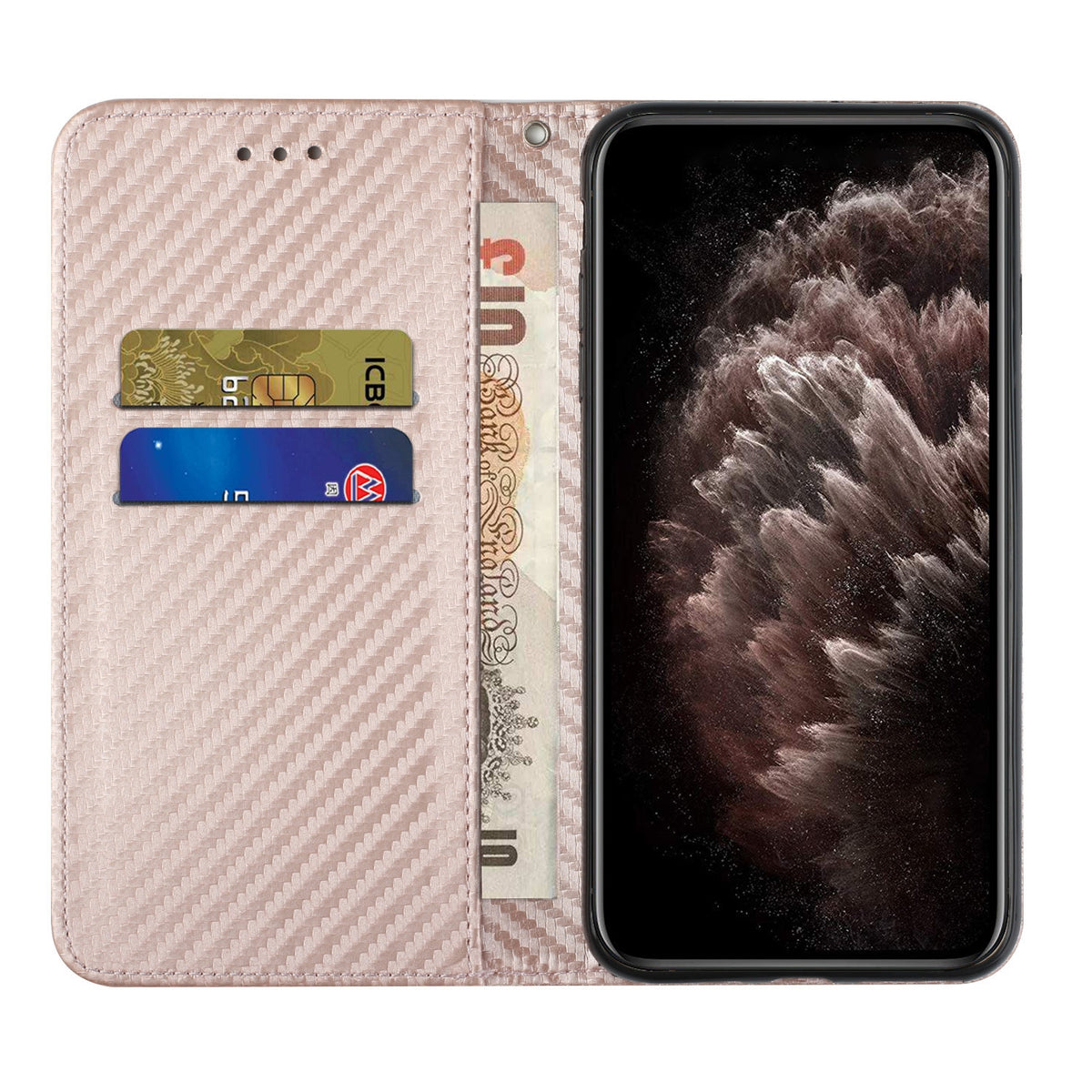 ELECTROPRIME For iPhone 15 Plus Carbon Fiber Texture Flip Holder Leather Phone Case(Rose Gold)