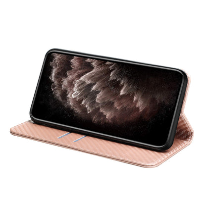ELECTROPRIME For iPhone 15 Plus Carbon Fiber Texture Flip Holder Leather Phone Case(Rose Gold)