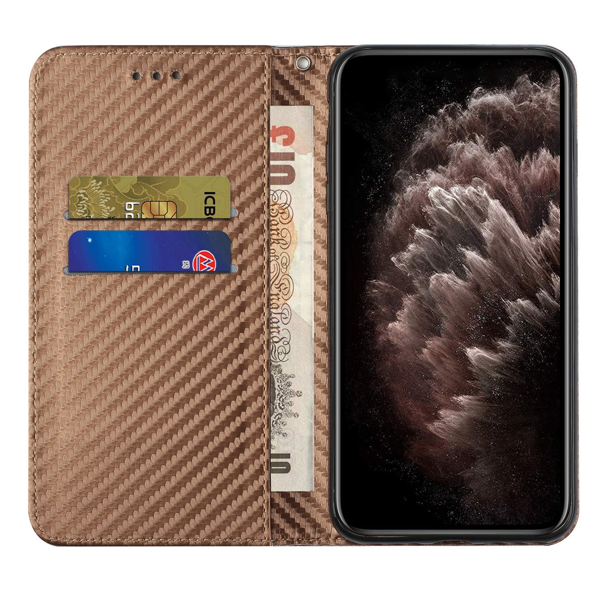 ELECTROPRIME For iPhone 15 Carbon Fiber Texture Flip Holder Leather Phone Case(Brown)