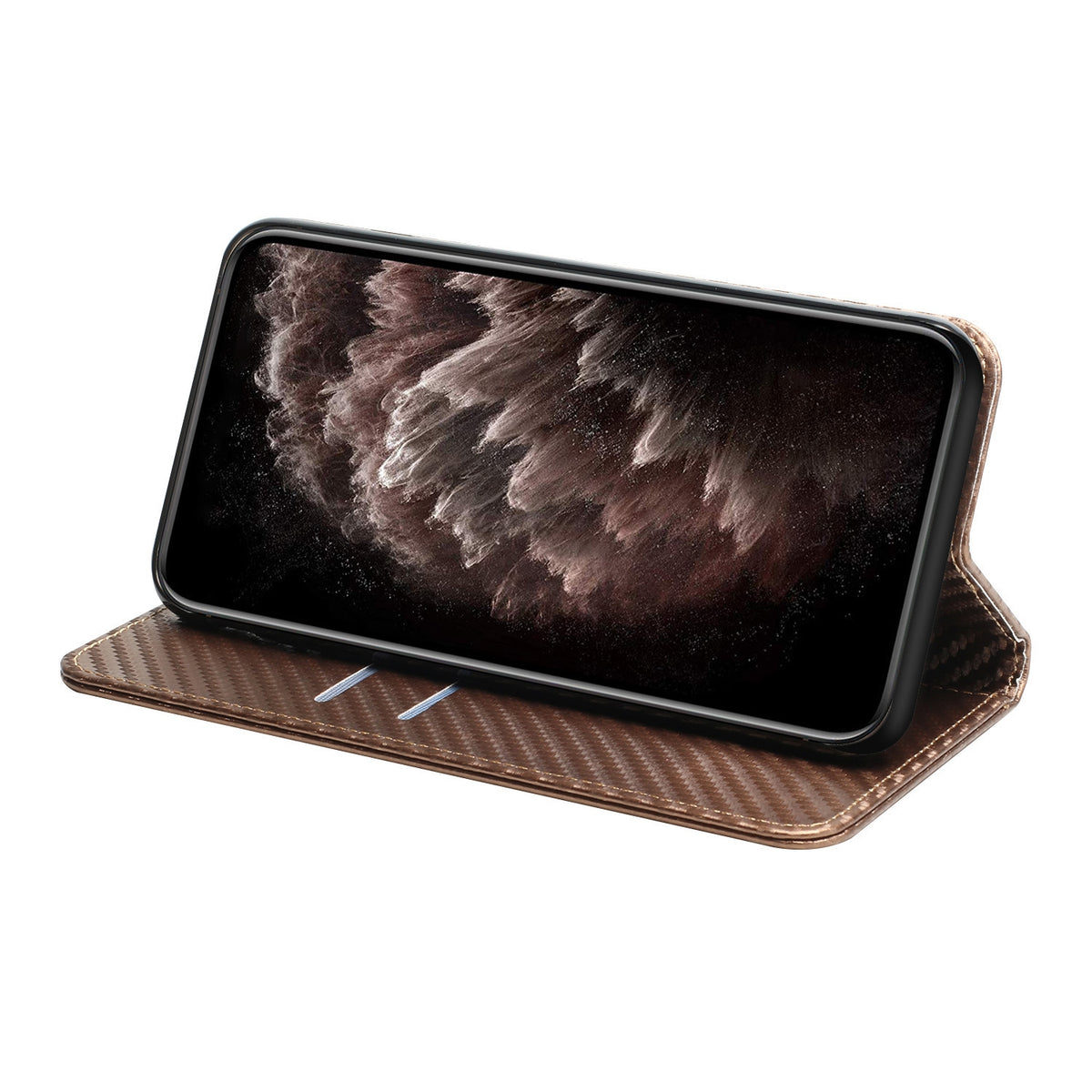 ELECTROPRIME For iPhone 15 Carbon Fiber Texture Flip Holder Leather Phone Case(Brown)