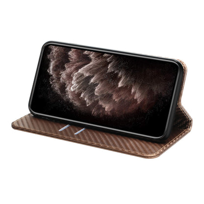 ELECTROPRIME For iPhone 15 Carbon Fiber Texture Flip Holder Leather Phone Case(Brown)