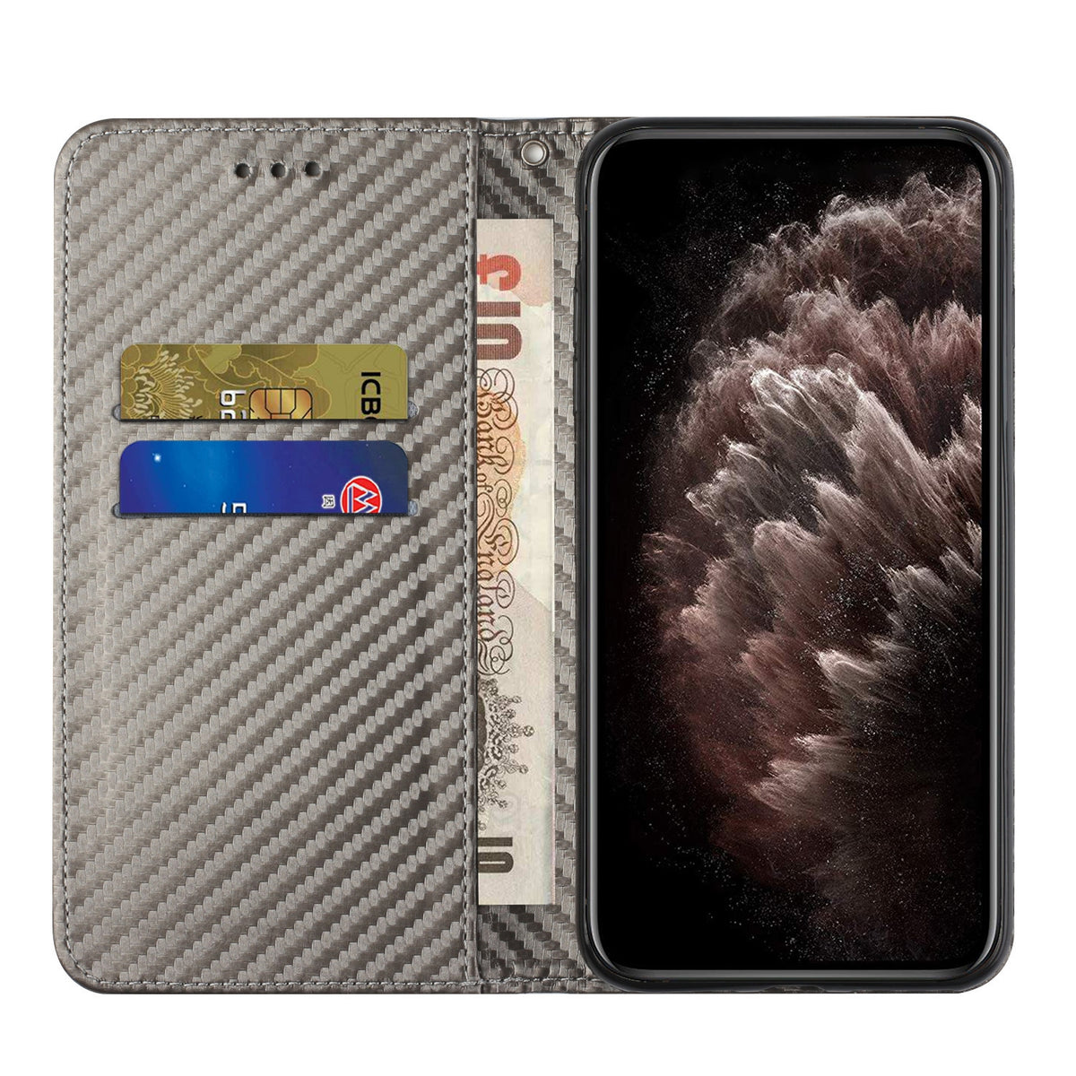 ELECTROPRIME For iPhone 15 Carbon Fiber Texture Flip Holder Leather Phone Case(Grey)