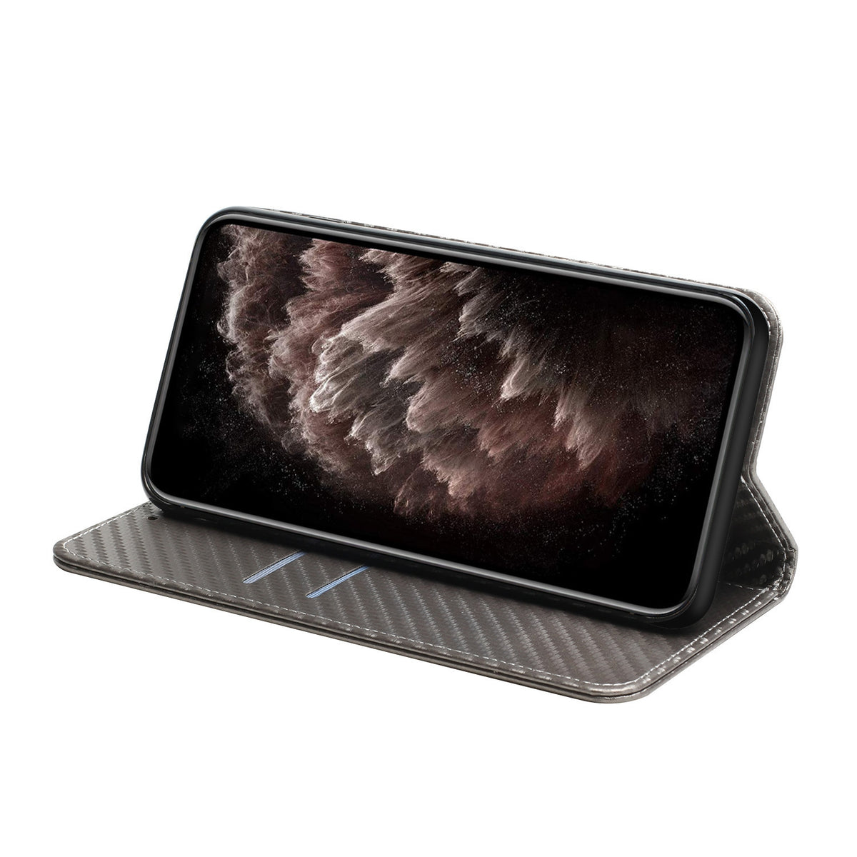 ELECTROPRIME For iPhone 15 Carbon Fiber Texture Flip Holder Leather Phone Case(Grey)