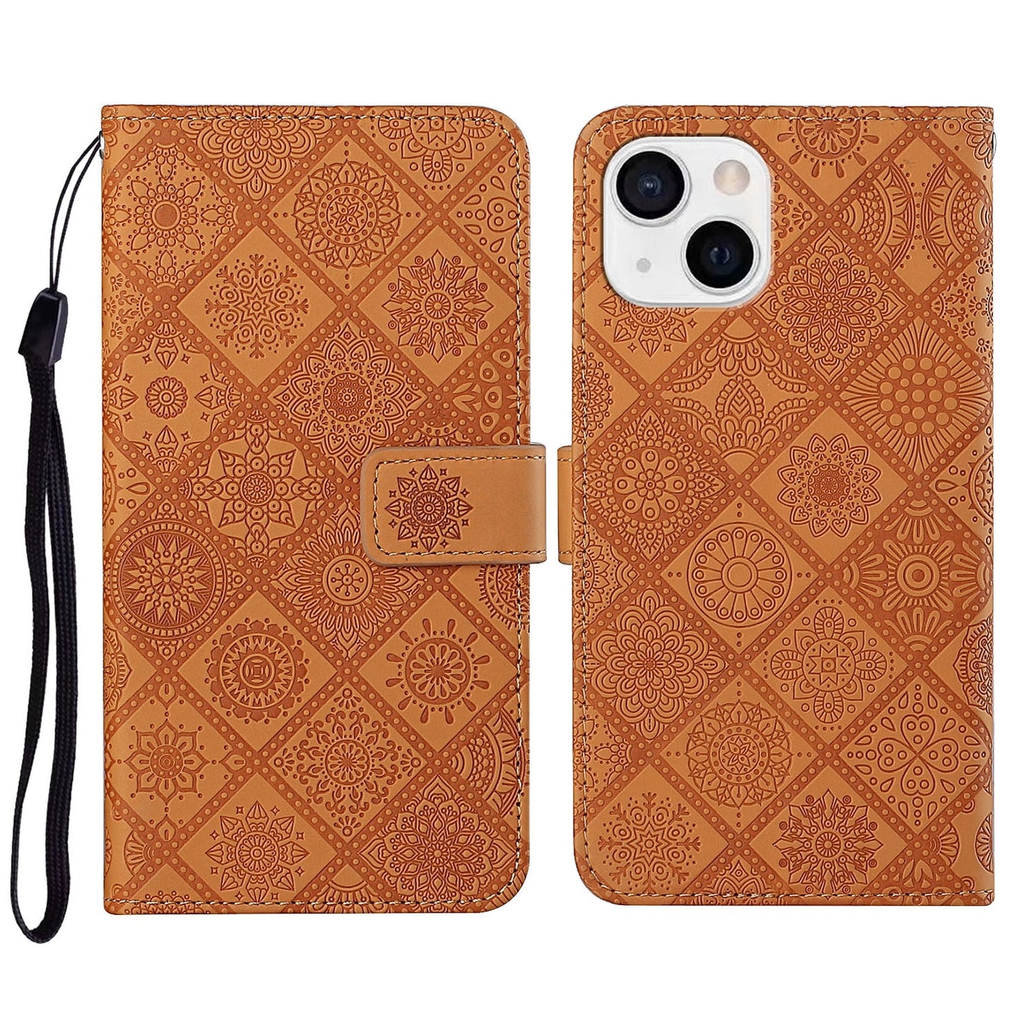 ELECTROPRIME For iPhone 15 Ethnic Style Embossed Pattern Leather Phone Case(Brown)
