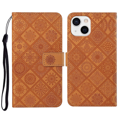ELECTROPRIME For iPhone 15 Ethnic Style Embossed Pattern Leather Phone Case(Brown)