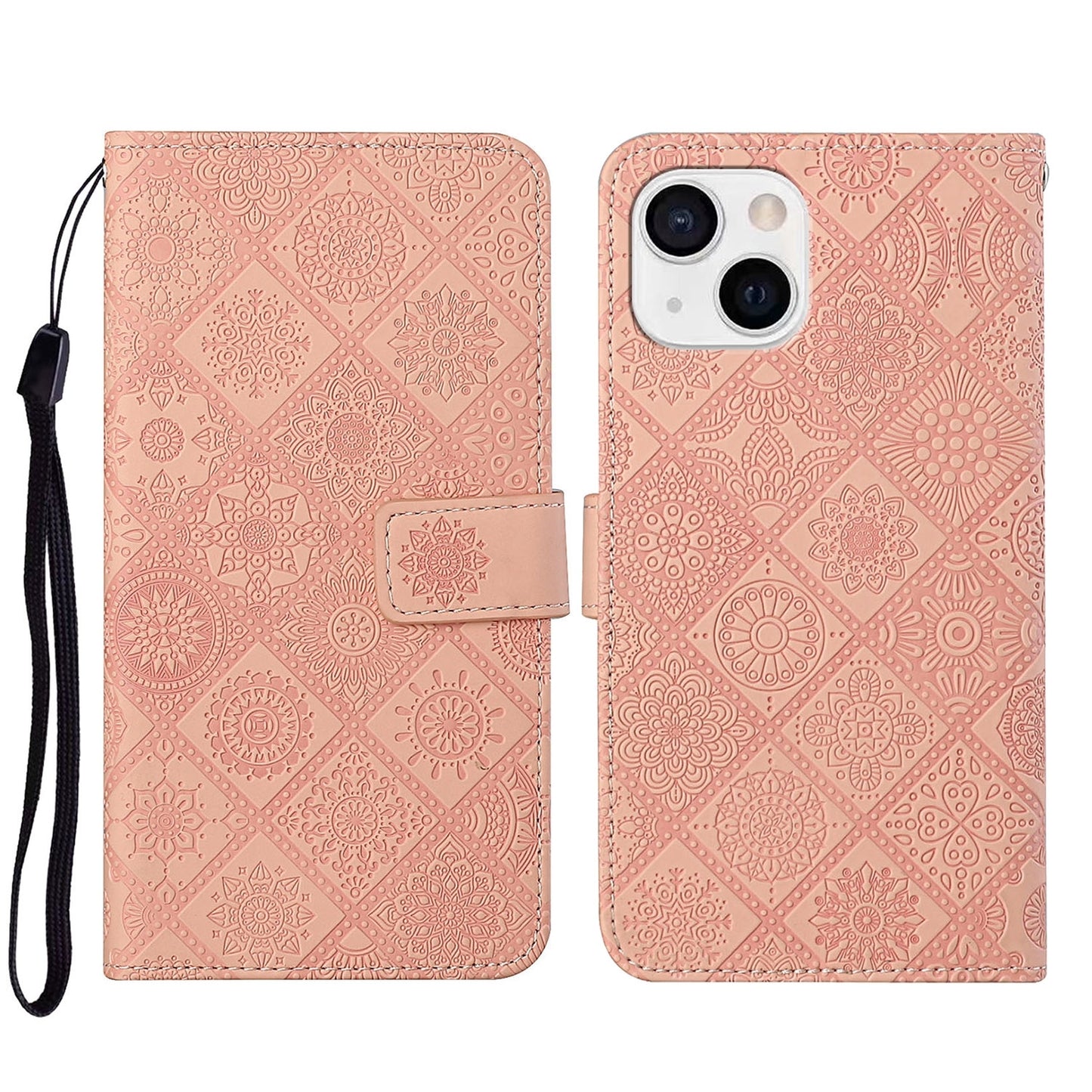 ELECTROPRIME For iPhone 15 Ethnic Style Embossed Pattern Leather Phone Case(Pink)