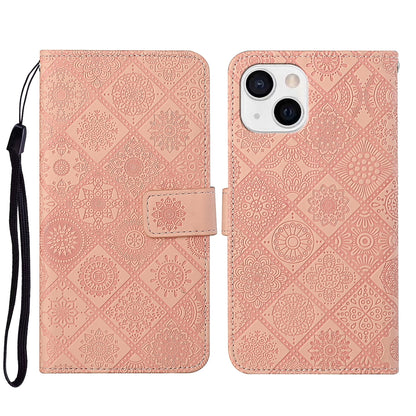 ELECTROPRIME For iPhone 15 Ethnic Style Embossed Pattern Leather Phone Case(Pink)
