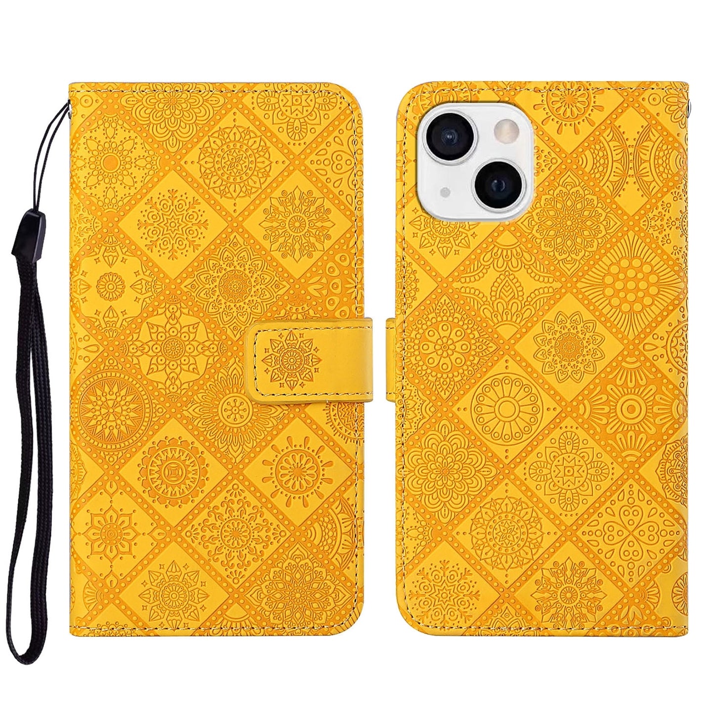 ELECTROPRIME For iPhone 15 Ethnic Style Embossed Pattern Leather Phone Case(Yellow)
