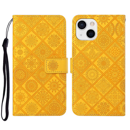 ELECTROPRIME For iPhone 15 Ethnic Style Embossed Pattern Leather Phone Case(Yellow)