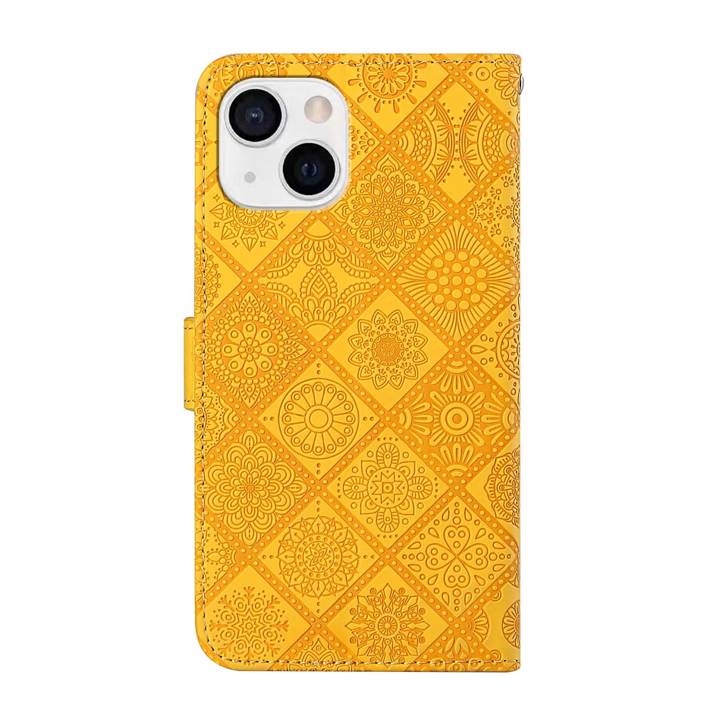 ELECTROPRIME For iPhone 15 Ethnic Style Embossed Pattern Leather Phone Case(Yellow)