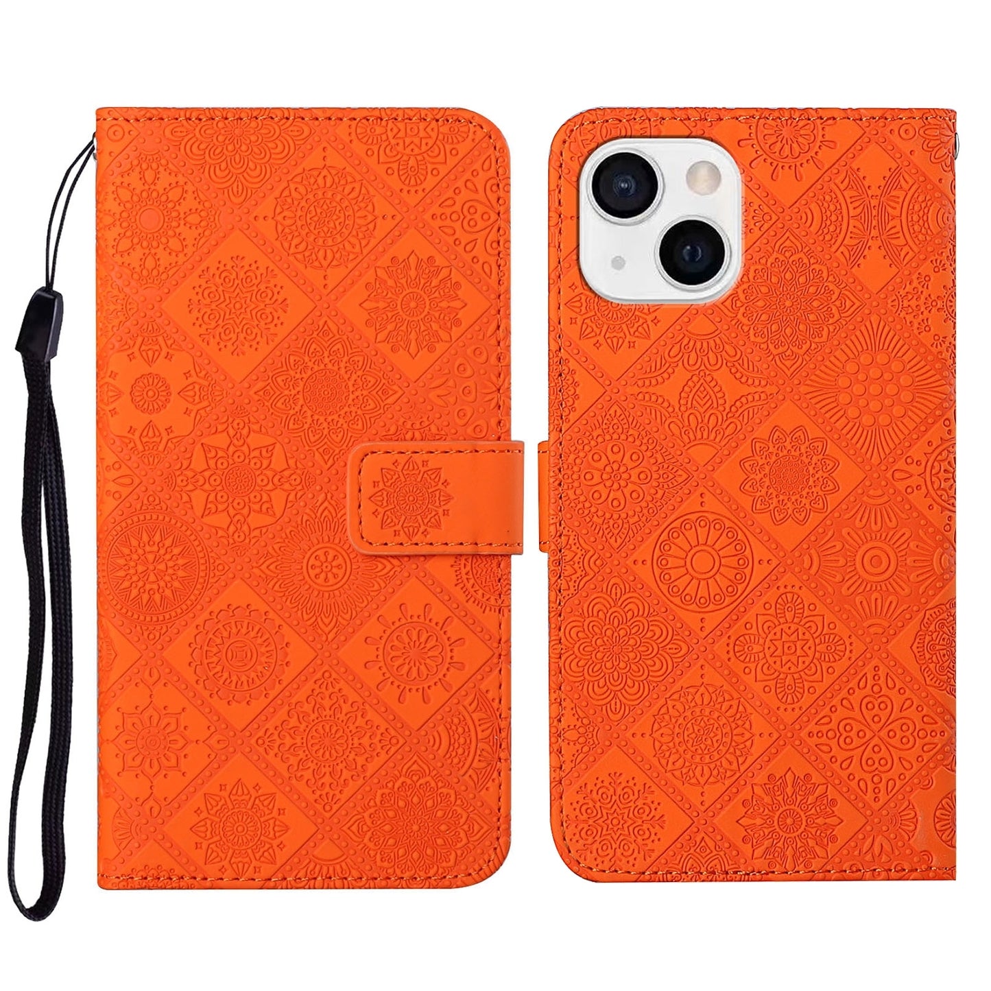 ELECTROPRIME For iPhone 15 Ethnic Style Embossed Pattern Leather Phone Case(Orange)