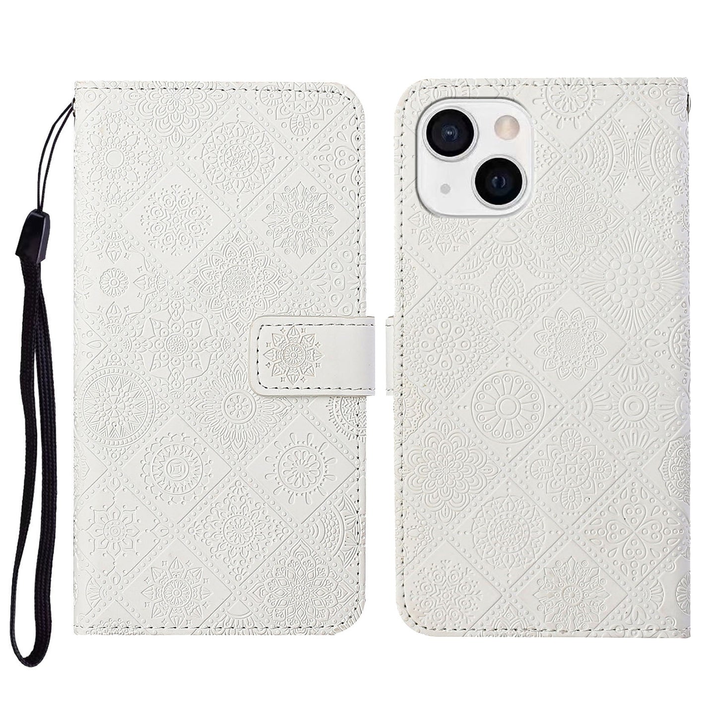 ELECTROPRIME For iPhone 15 Ethnic Style Embossed Pattern Leather Phone Case(White)