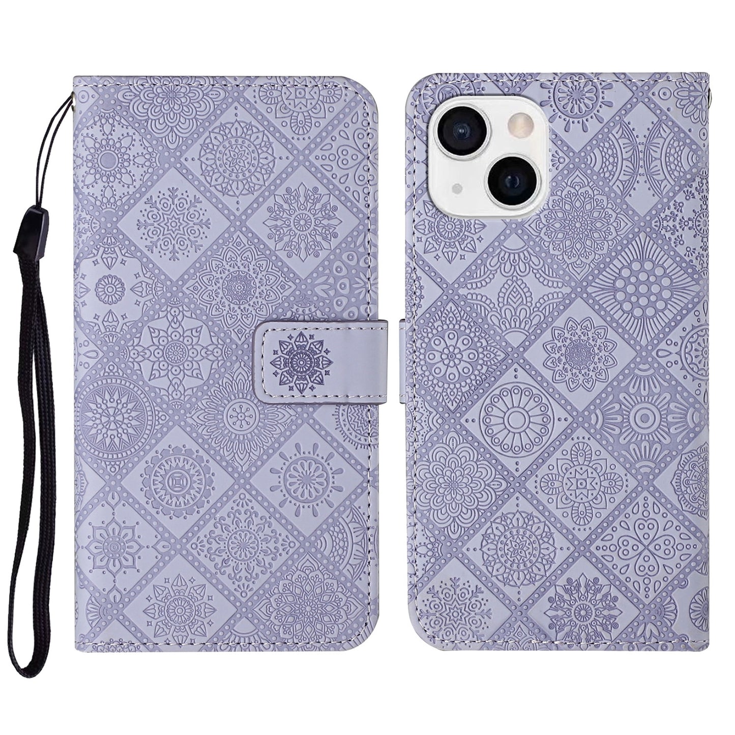 ELECTROPRIME For iPhone 15 Ethnic Style Embossed Pattern Leather Phone Case(Purple)