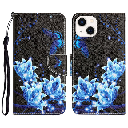 ELECTROPRIME For iPhone 15 Colored Drawing Leather Phone Case(Blue Butterfly)