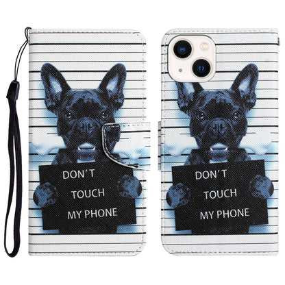 ELECTROPRIME For iPhone 15 Colored Drawing Leather Phone Case(Black Dog)