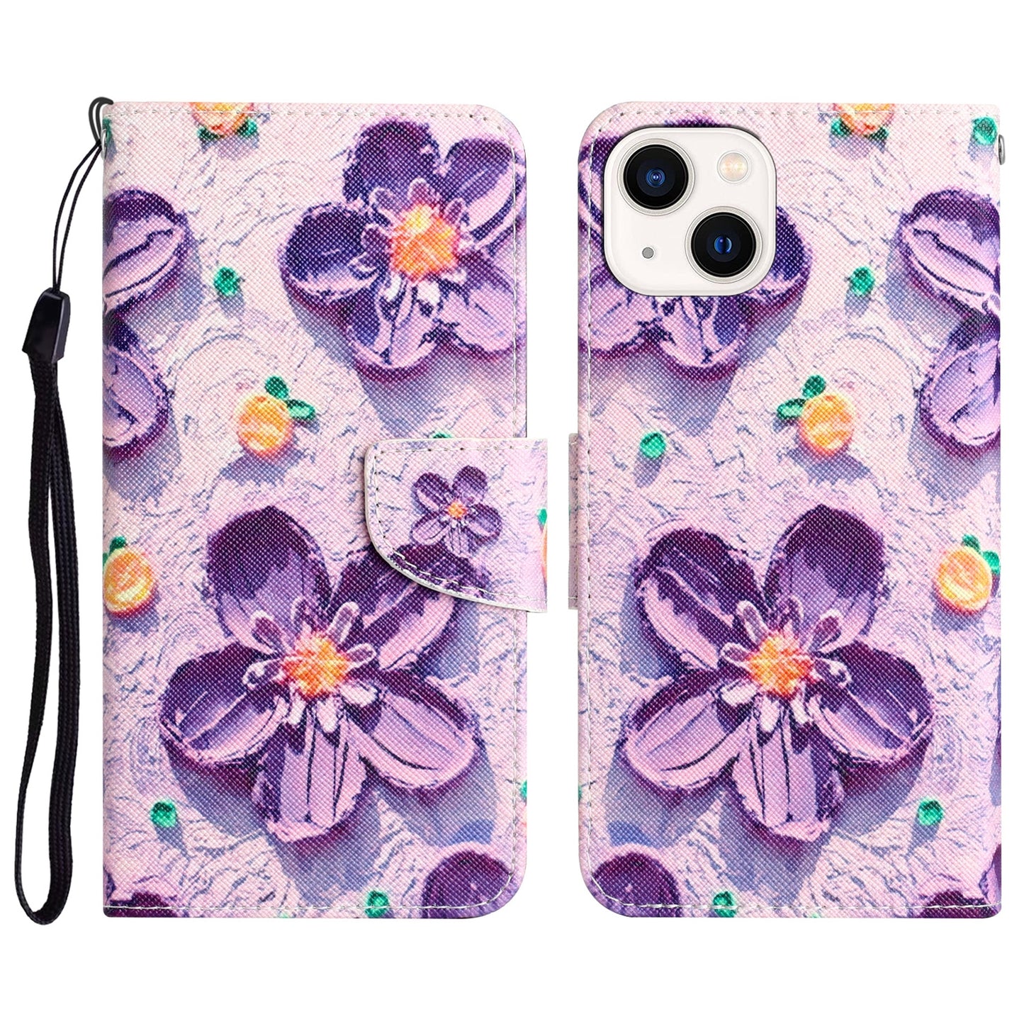 ELECTROPRIME For iPhone 15 Colored Drawing Leather Phone Case(Purple Flower)