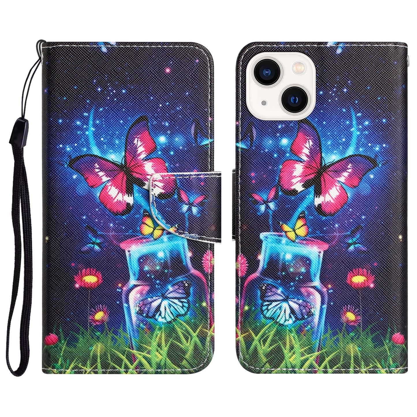 ELECTROPRIME For iPhone 15 Colored Drawing Leather Phone Case(Bottle Butterfly)