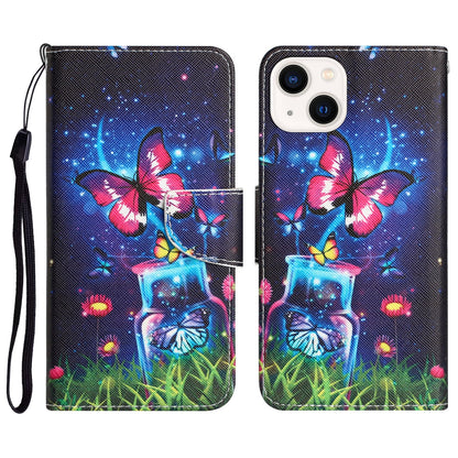 ELECTROPRIME For iPhone 15 Colored Drawing Leather Phone Case(Bottle Butterfly)