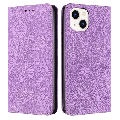 ELECTROPRIME For iPhone 15 Ethnic Embossed Adsorption Leather Phone Case(Purple)
