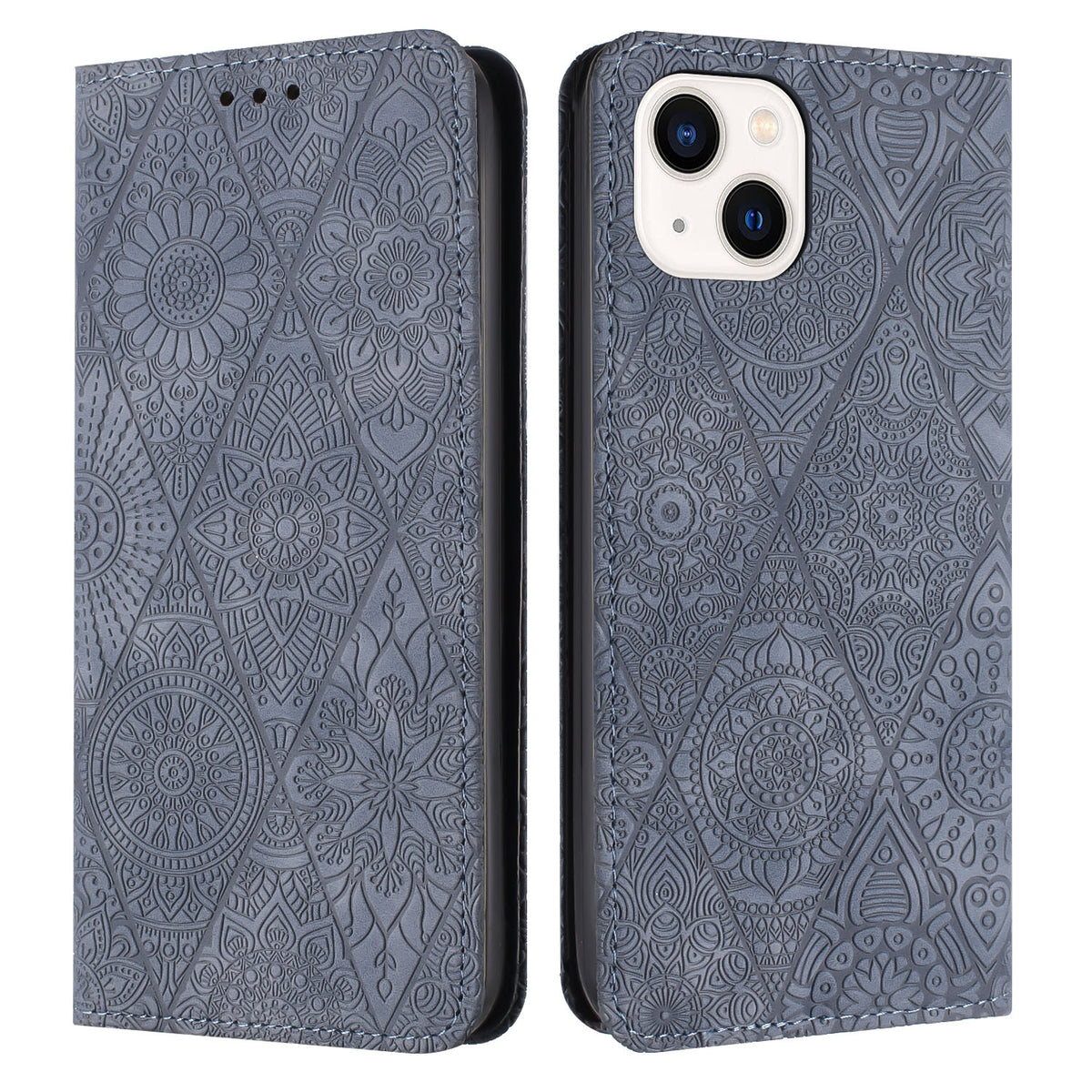 ELECTROPRIME For iPhone 15 Ethnic Embossed Adsorption Leather Phone Case(Grey)