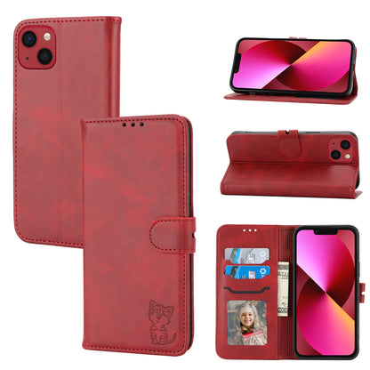 ELECTROPRIME For iPhone 15 Embossed Happy Cat Pattern Flip Leather Phone Case(Red)