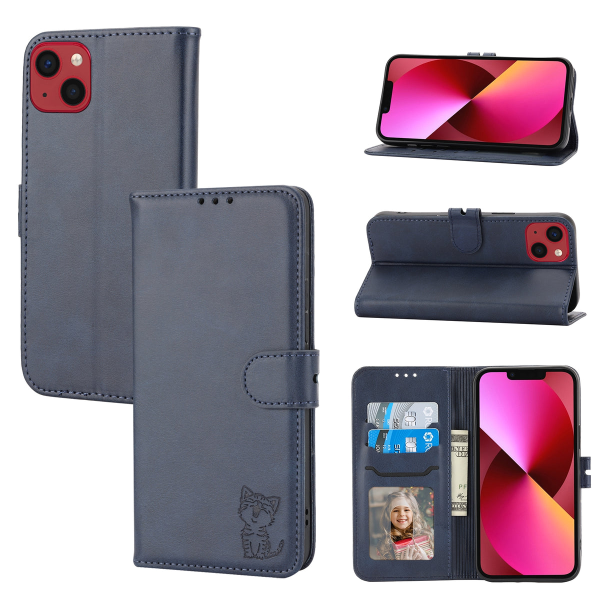ELECTROPRIME For iPhone 15 Embossed Happy Cat Pattern Flip Leather Phone Case(Blue)