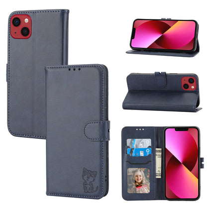 ELECTROPRIME For iPhone 15 Embossed Happy Cat Pattern Flip Leather Phone Case(Blue)