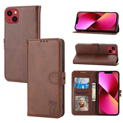 ELECTROPRIME For iPhone 15 Embossed Happy Cat Pattern Flip Leather Phone Case(Brown)