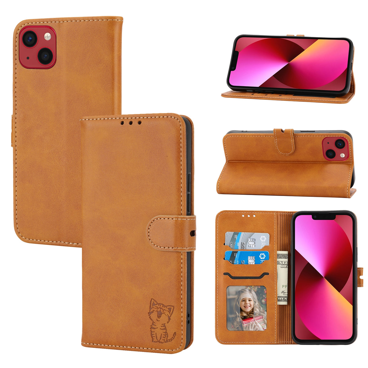 ELECTROPRIME For iPhone 15 Embossed Happy Cat Pattern Flip Leather Phone Case(Yellow)