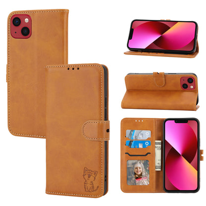 ELECTROPRIME For iPhone 15 Embossed Happy Cat Pattern Flip Leather Phone Case(Yellow)
