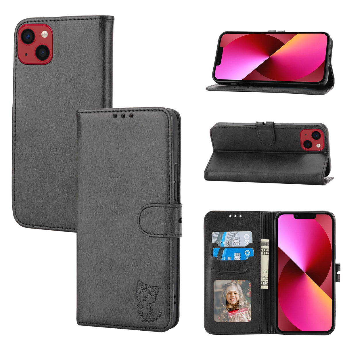 ELECTROPRIME For iPhone 15 Embossed Happy Cat Pattern Flip Leather Phone Case(Black)