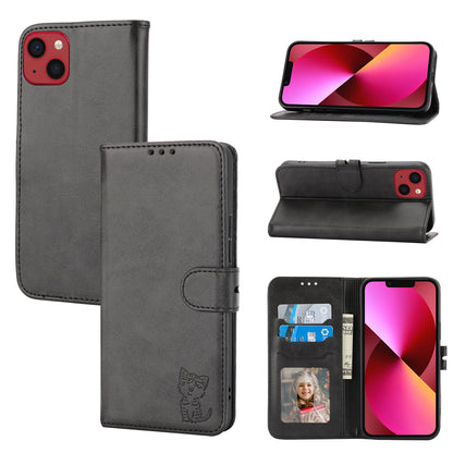 ELECTROPRIME For iPhone 15 Embossed Happy Cat Pattern Flip Leather Phone Case(Black)