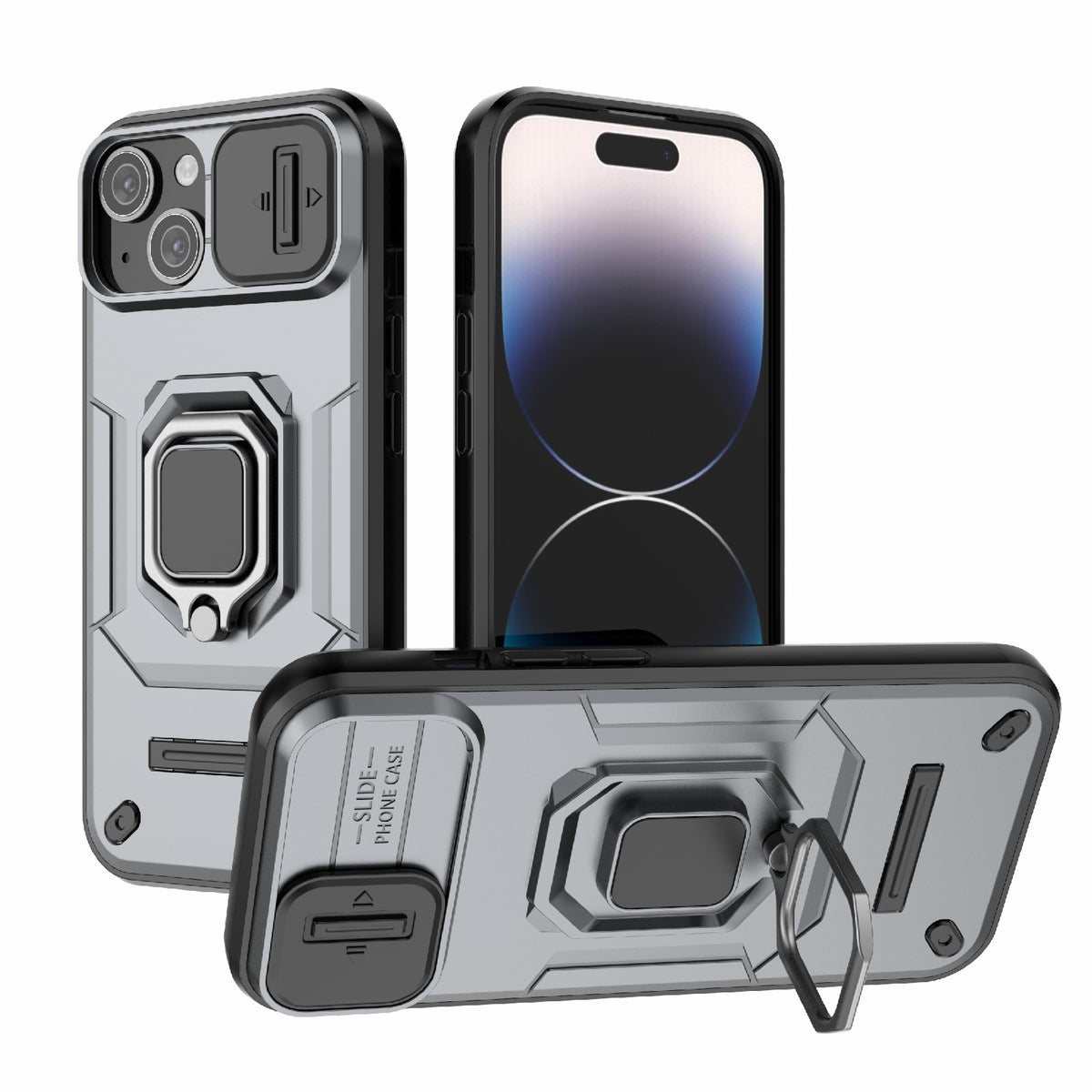 ELECTROPRIME For iPhone 15 Sliding Camshield TPU + PC Shockproof Phone Case with Holder(Grey)