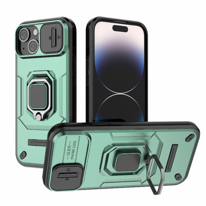 ELECTROPRIME For iPhone 15 Sliding Camshield TPU + PC Shockproof Phone Case with Holder(Green)