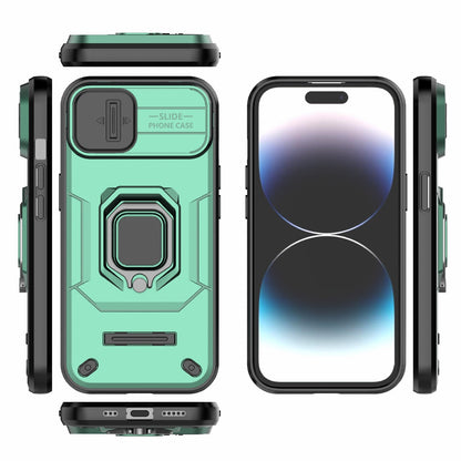 ELECTROPRIME For iPhone 15 Sliding Camshield TPU + PC Shockproof Phone Case with Holder(Green)