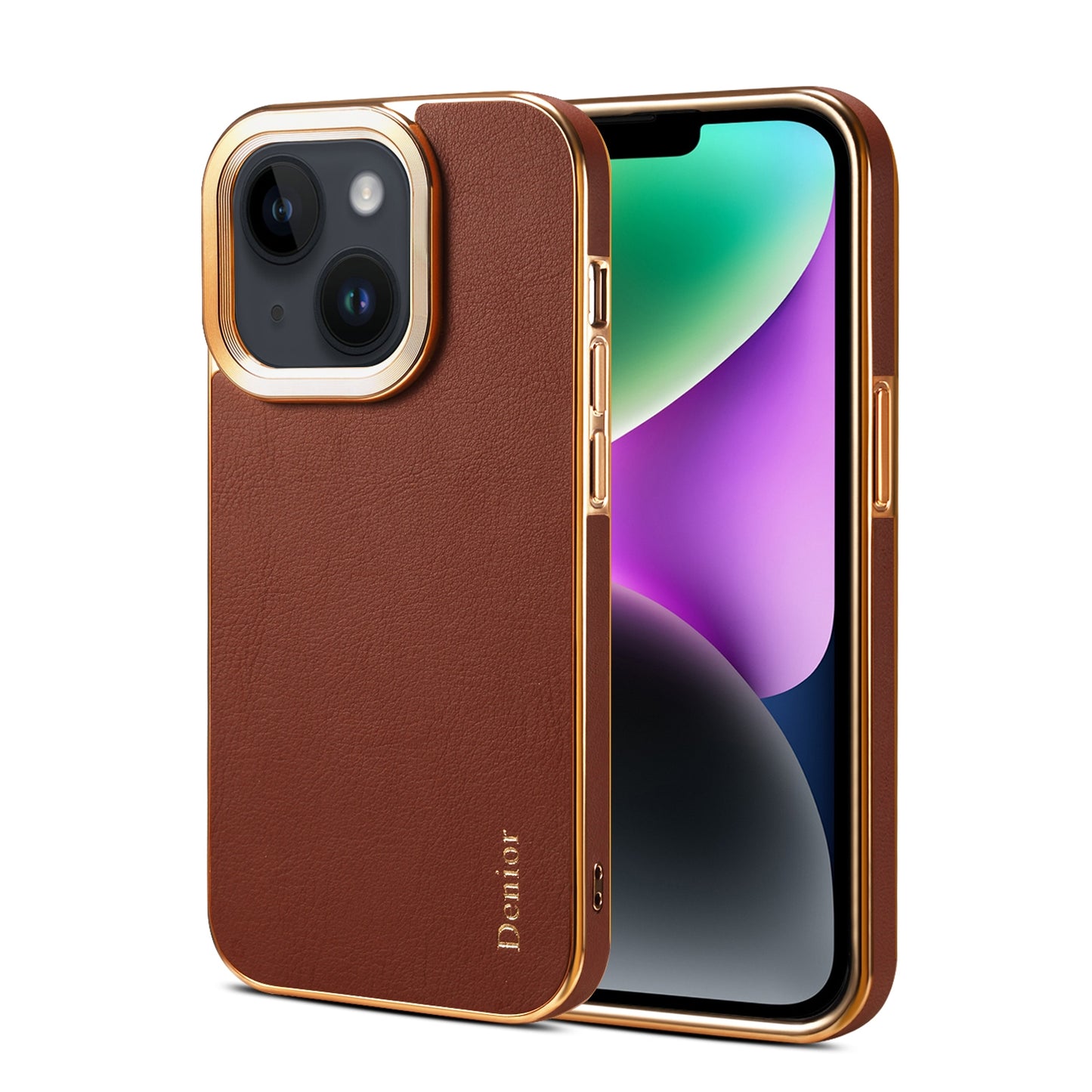 ELECTROPRIME For iPhone 15 Denior Cowhide Leather Plating Phone Case(Brown)