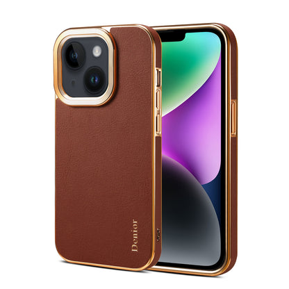 ELECTROPRIME For iPhone 15 Denior Cowhide Leather Plating Phone Case(Brown)