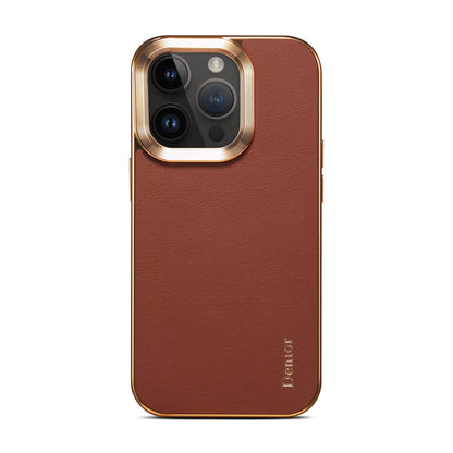 ELECTROPRIME For iPhone 15 Denior Cowhide Leather Plating Phone Case(Brown)