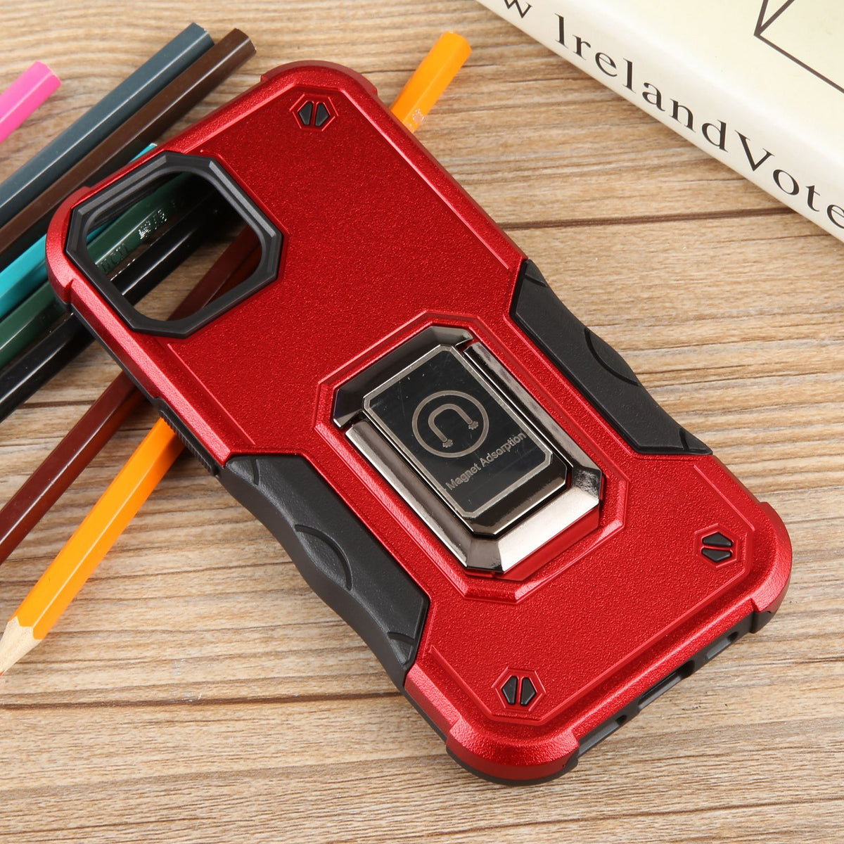 ELECTROPRIME For iPhone 15 Ring Holder Non-slip Shockproof Armor Phone Case(Red)