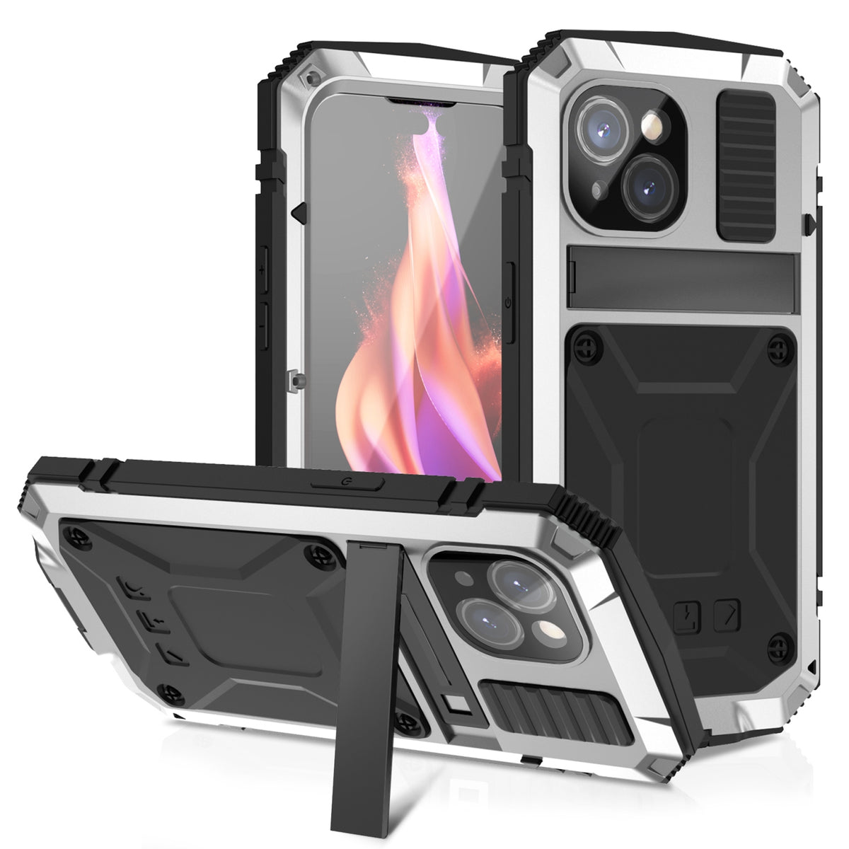 ELECTROPRIME For iPhone 15 Plus R-JUST Shockproof Life Waterproof Dust-proof Metal + Silicone Phone Case with Holder(Silver)