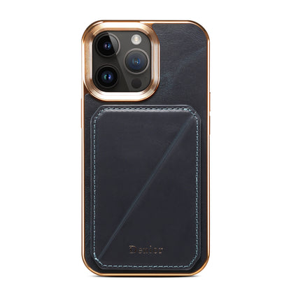 ELECTROPRIME For iPhone 15 Plus Denior Oil Wax Leather Electroplating Card Slot Holder Phone Case(Blue)