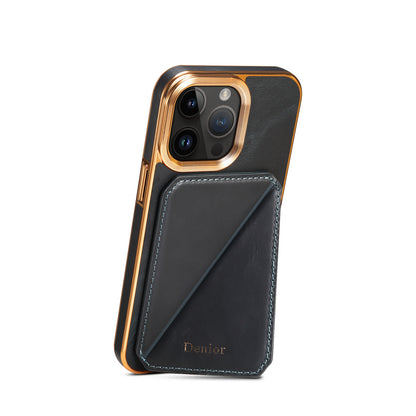 ELECTROPRIME For iPhone 15 Plus Denior Oil Wax Leather Electroplating Card Slot Holder Phone Case(Blue)