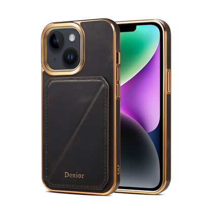 ELECTROPRIME For iPhone 15 Denior Oil Wax Leather Electroplating Card Slot Holder Phone Case(Black)
